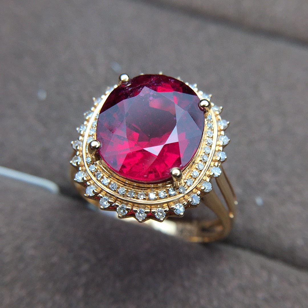 18K Gold Natural Tourmaline Ring with South African Diamonds - Elegant Jewelry