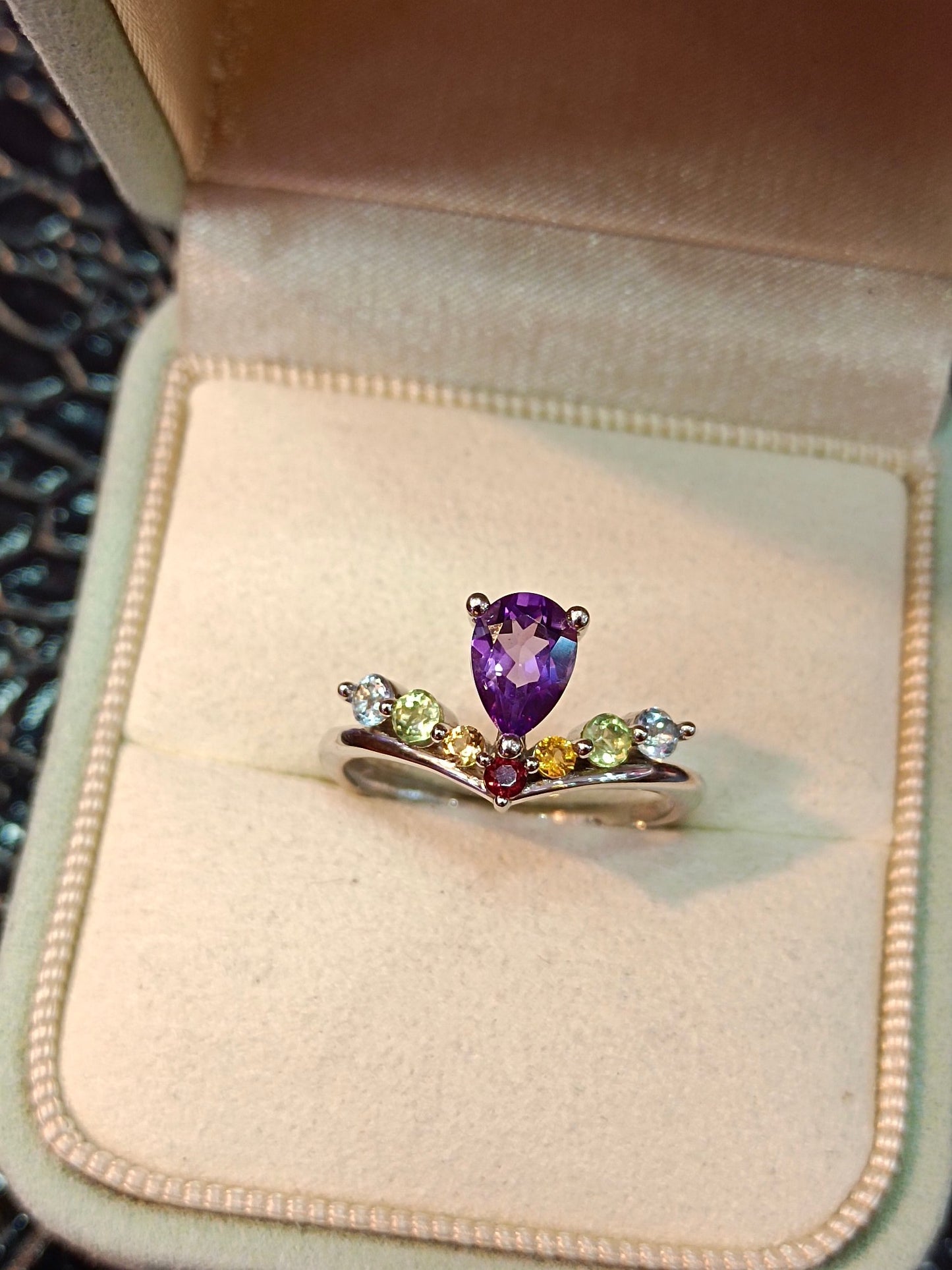 Elegant S925 Sterling Silver Ring with Amethyst & Multi-Gemstone Inlay