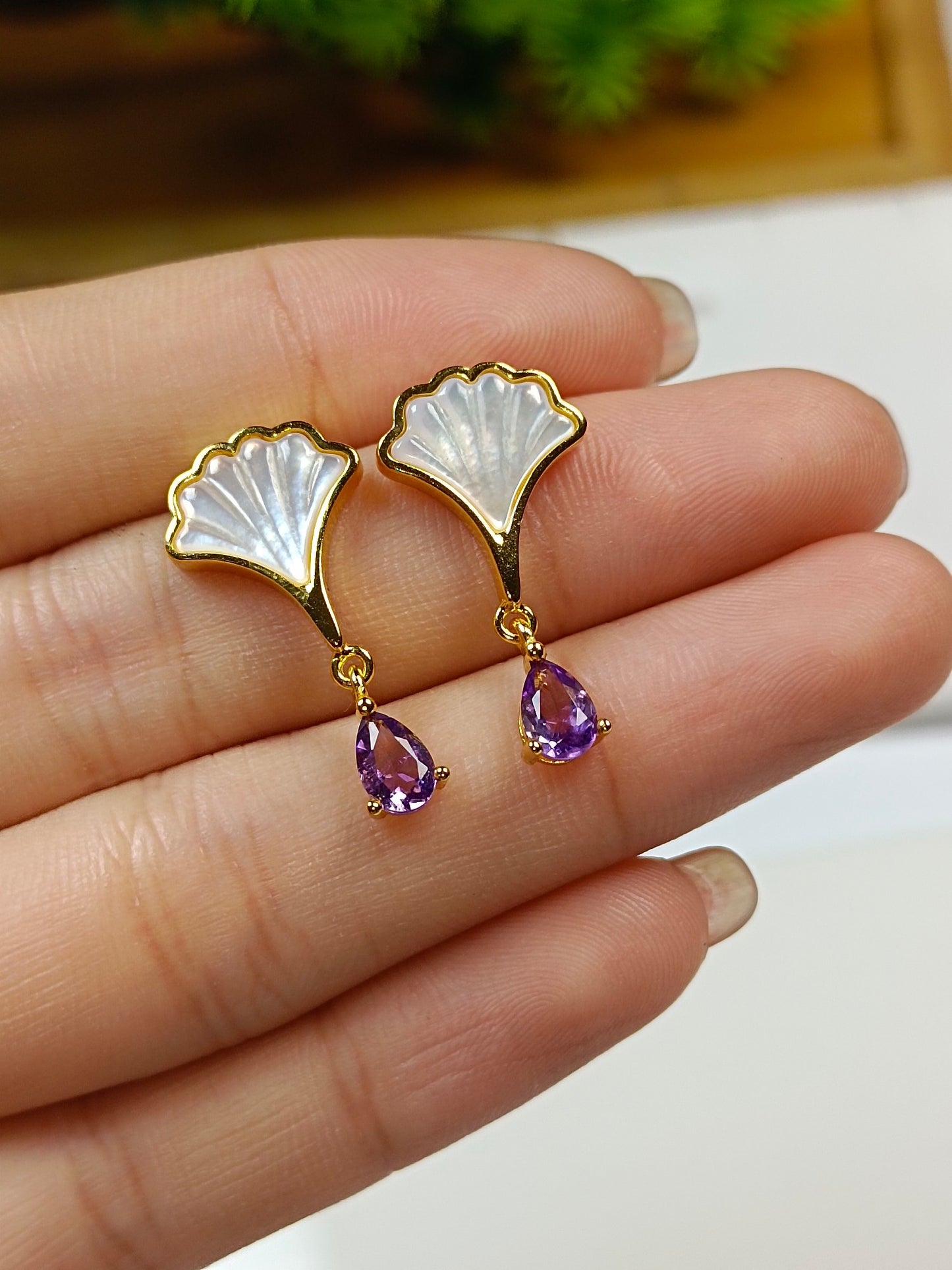 S925 Silver Embedded White Shell Amethyst Earrings - Summer Light Luxury Elegant Jewelry