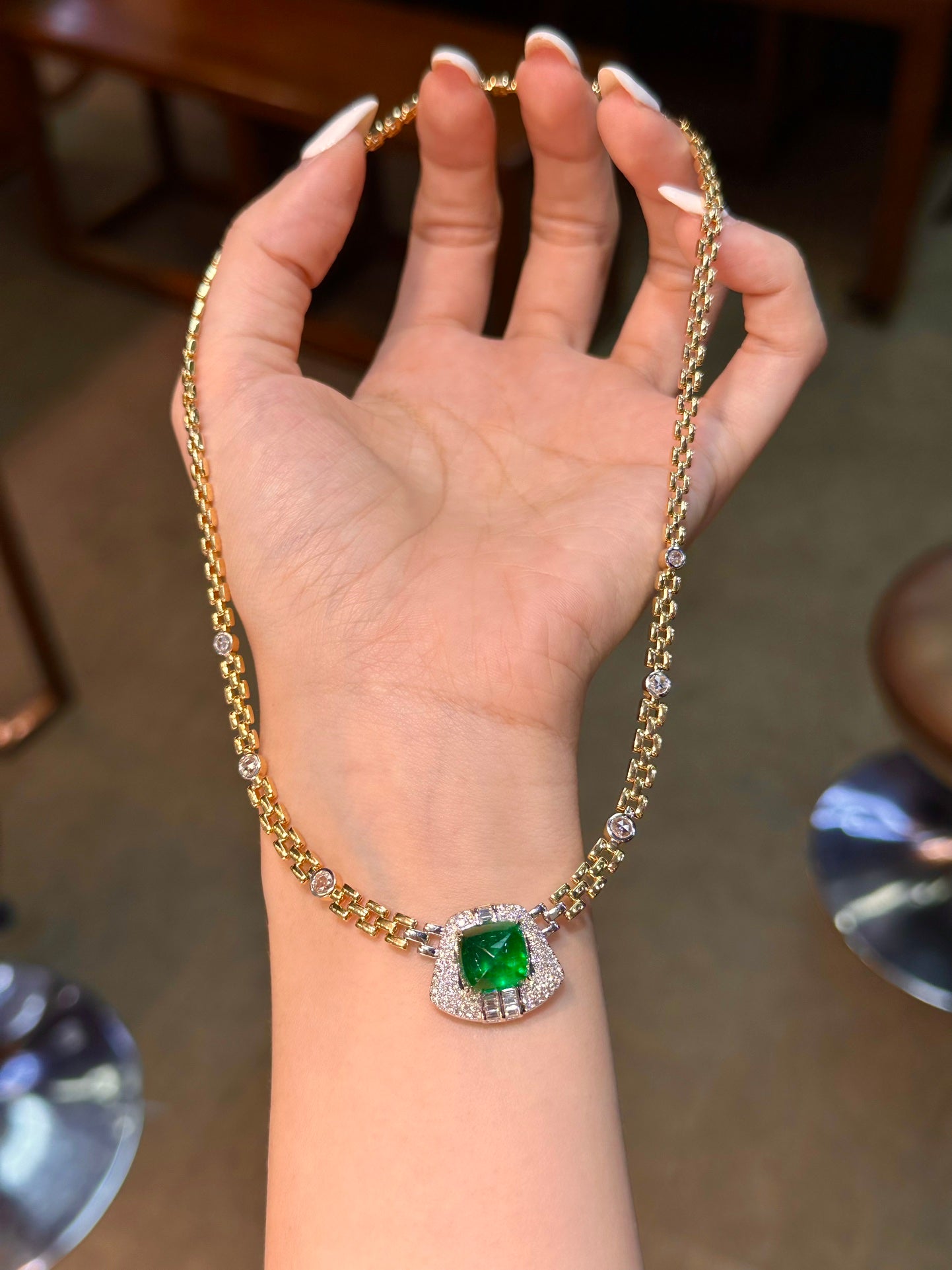 Guild Certified Panjshir Emerald Sugarloaf Cuban Link Chain Jewelry