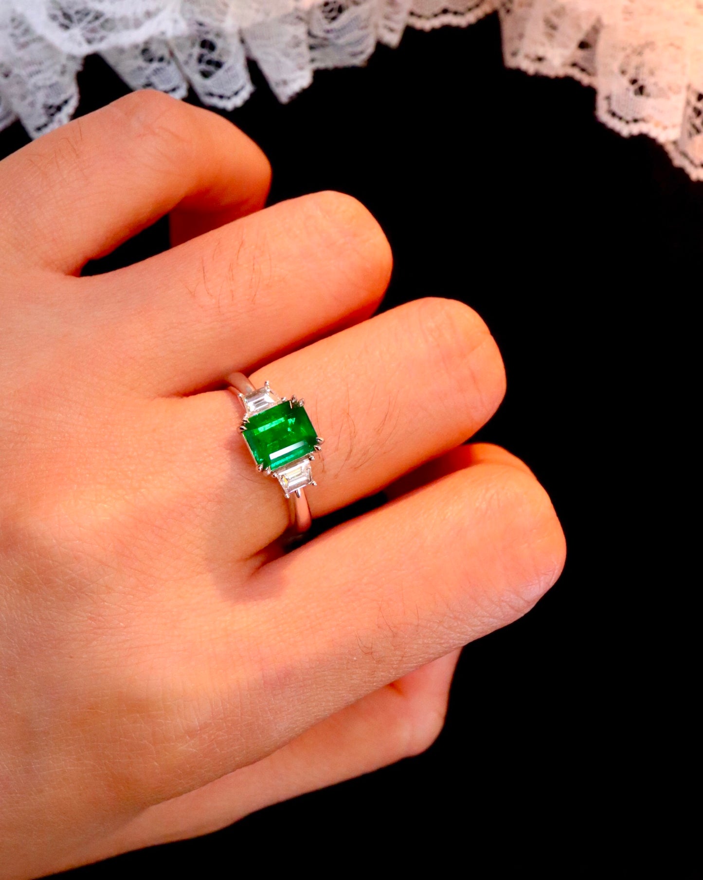 Elegant Three-Stone Vivid Green Emerald Ring - Fine Jewelry