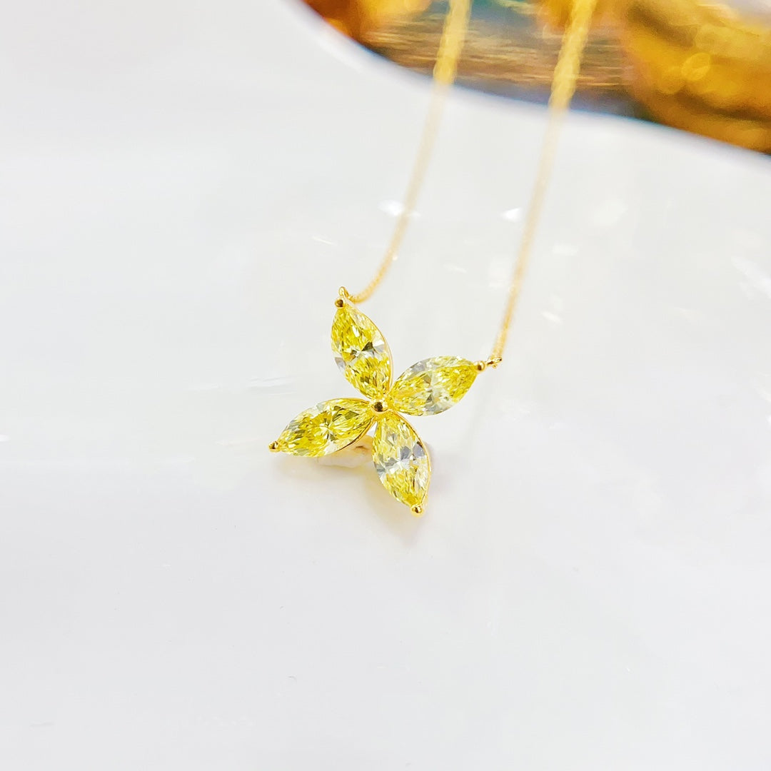 18K Yellow Gold Cultured Diamond Four-Leaf Marquise Necklace - Luxury Jewelry