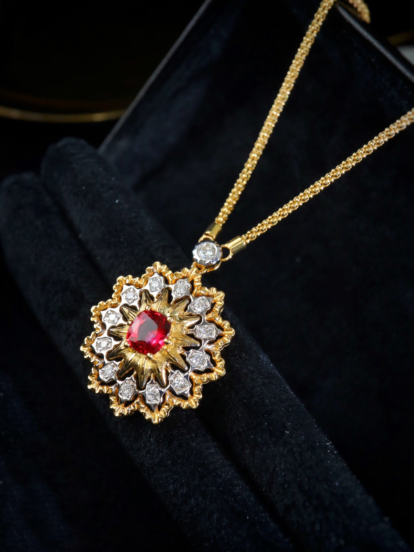 Italian Elegance Jewelry: Buccellati Classic Hand-Carved Gold Necklace with Pigeon's Blood Red Gem