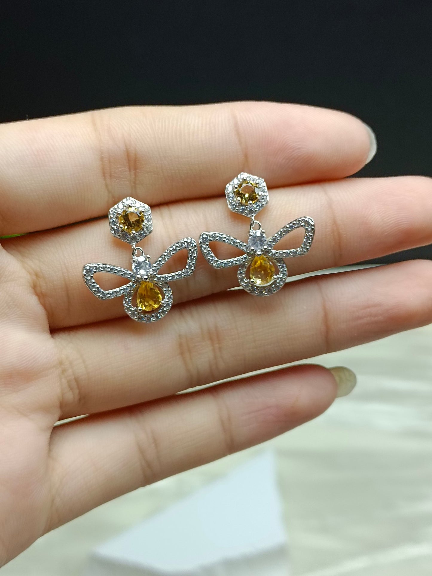 S925 Sterling Silver Embellished Yellow Crystal Bee Earrings - Fashion Jewelry