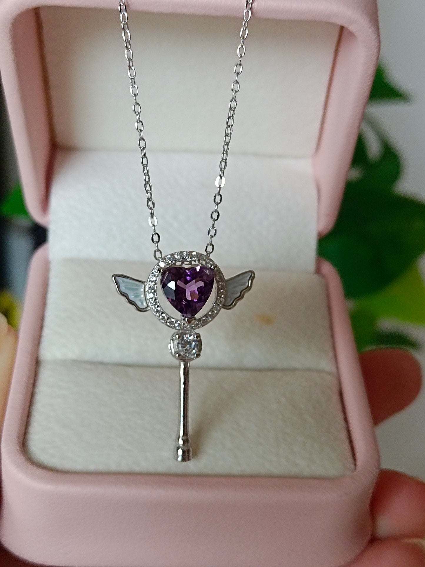 Elegant and Whimsical Natural Purple Crystal Heart Wand Pendant Jewelry