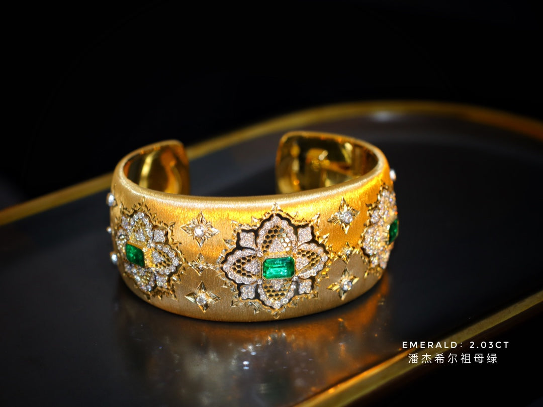 Luxurious Buccellati-Style Wide Band Emerald Jewelry - Warton Green Panjshir Bracelet