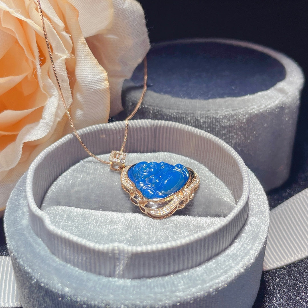 Neu eingetroffen: „Buddha“-Anhänger aus 18-karätigem Gold mit eingebettetem dominikanischen blauen Bernstein – exquisiter Schmuck