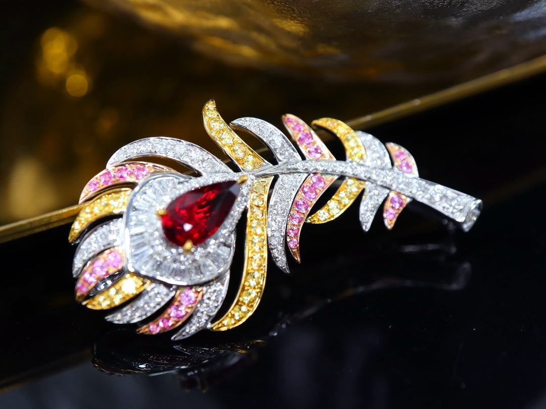 Ruby Feather High-End Brooch/Pendant Two-in-One Design Jewelry