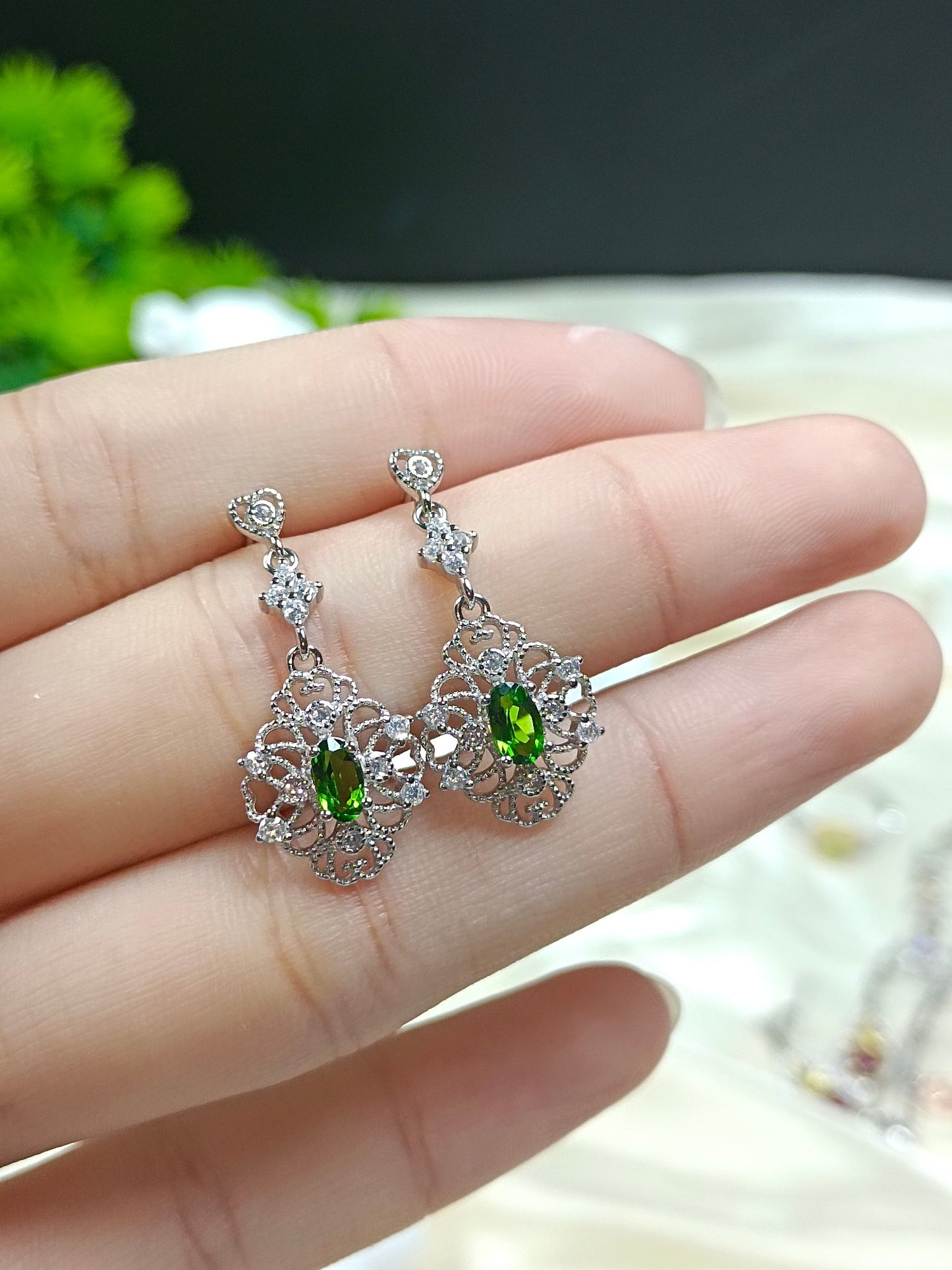 S925 Silver Embedded Diopside Earrings - Unique Design Lace Cutout Drop Earrings