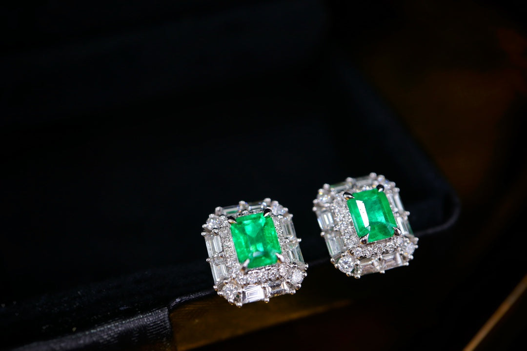 Panjshir Emerald Stud Earrings with Diamond Halo - Classic and Versatile Jewelry