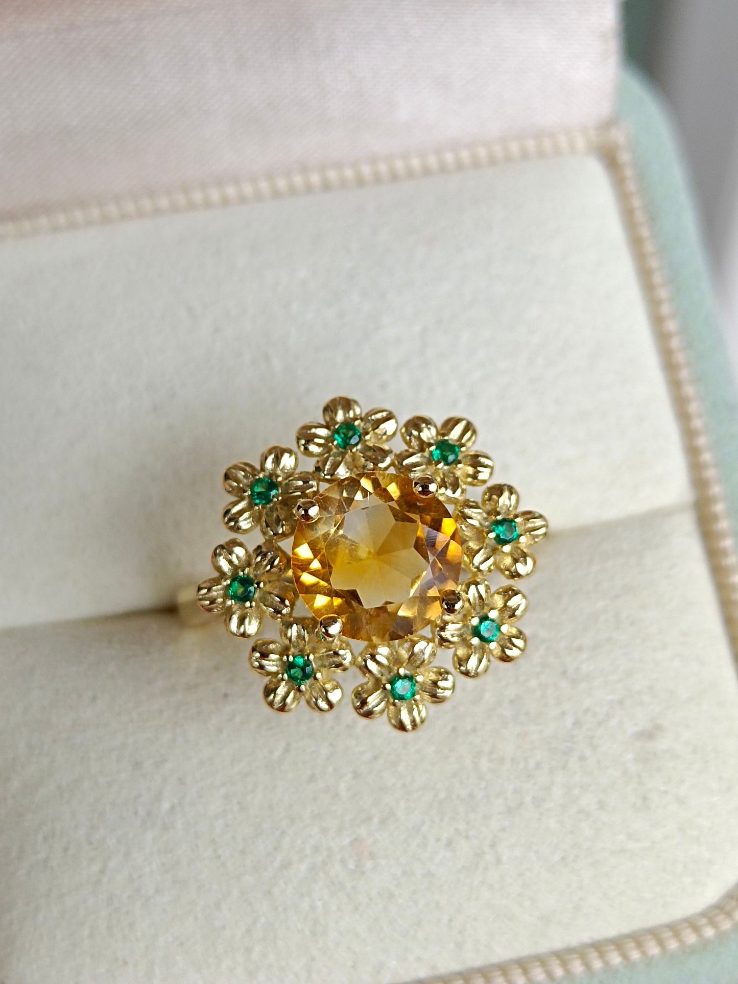 Cincin Bunga Kemakmuran Citrine Asli yang Indah - Barang Kemas Unik