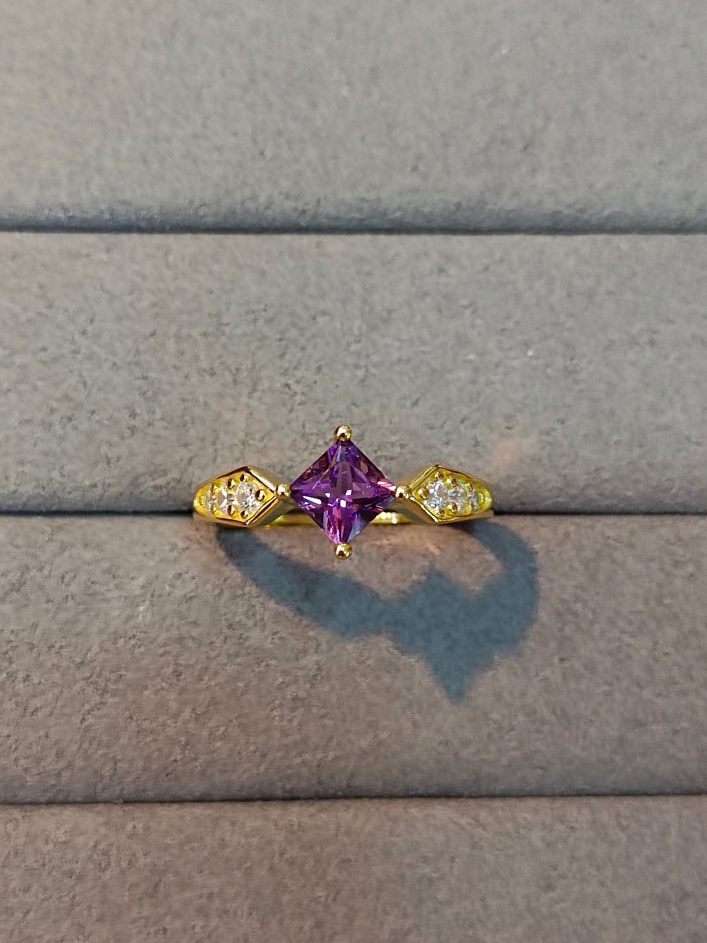 Elegant S925 Sterling Silver Purple Crystal Square Ring with 18K Gold Technique