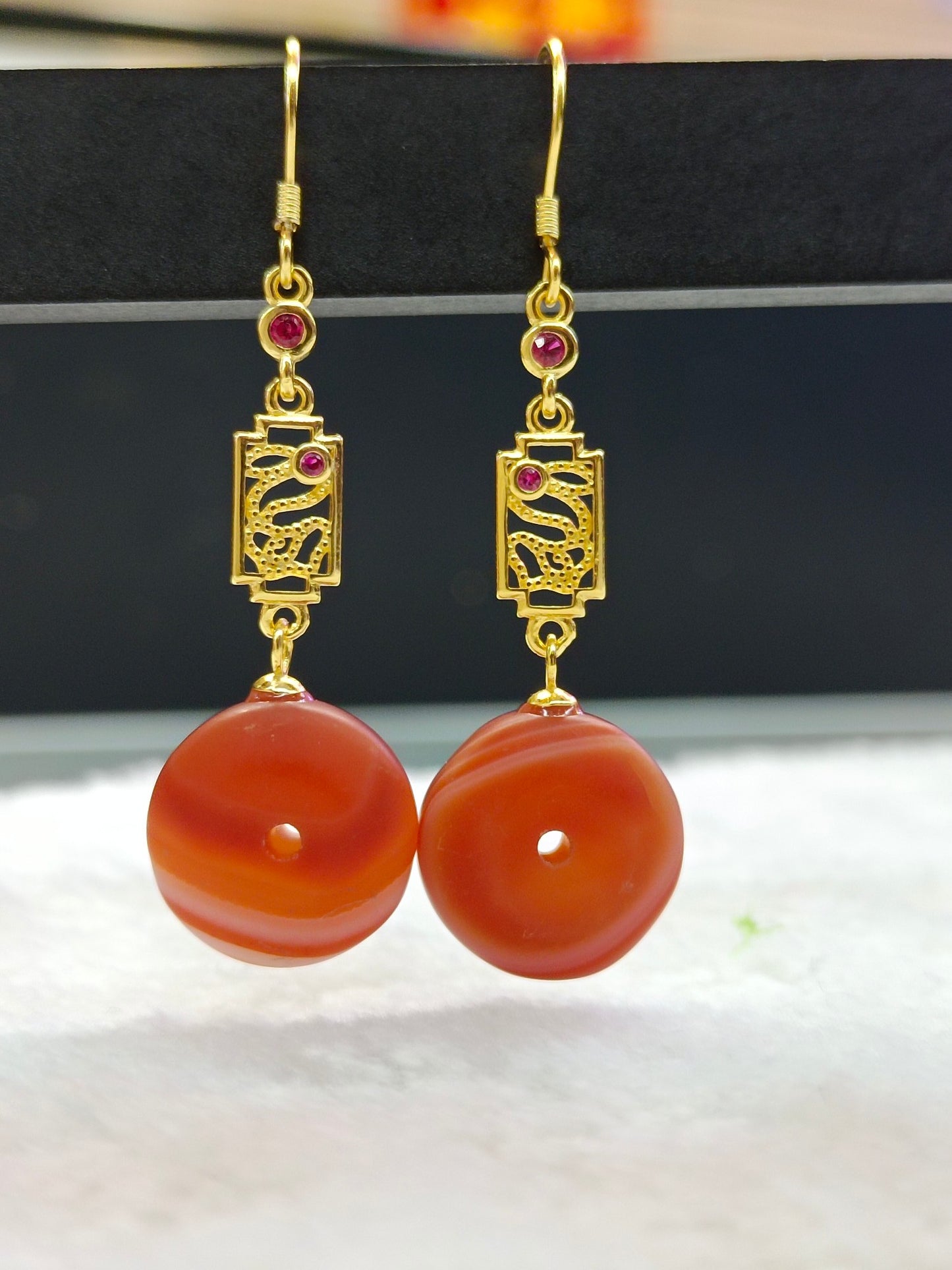 Vintage Chinese Style Classical Frosted Red Agate S925 Silver Earrings - Jewelry