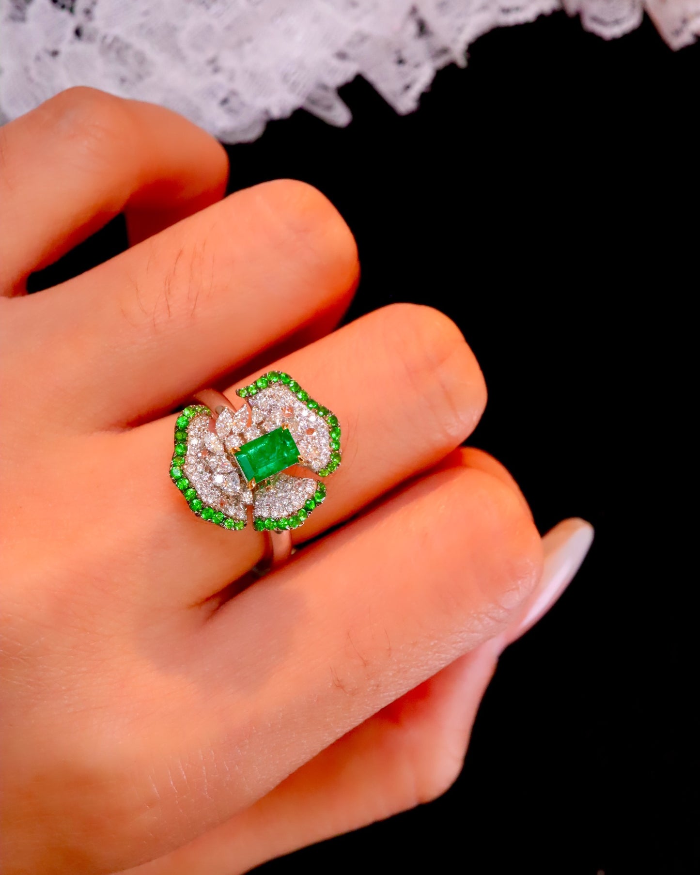 Eternal Blossom Jewelry: 18K Gold Diamond and Emerald Ring