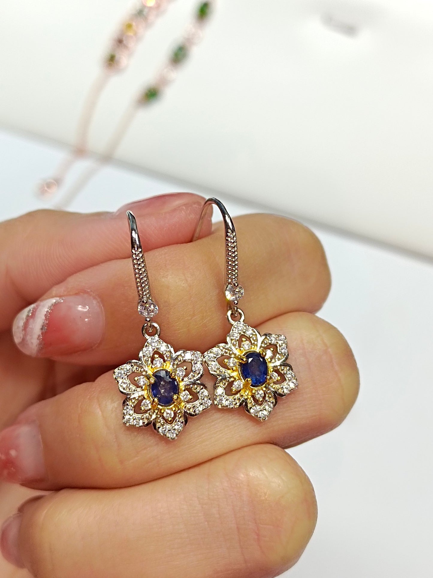 S925 Silver Sapphire Sunflower Earrings - Elegant Jewelry