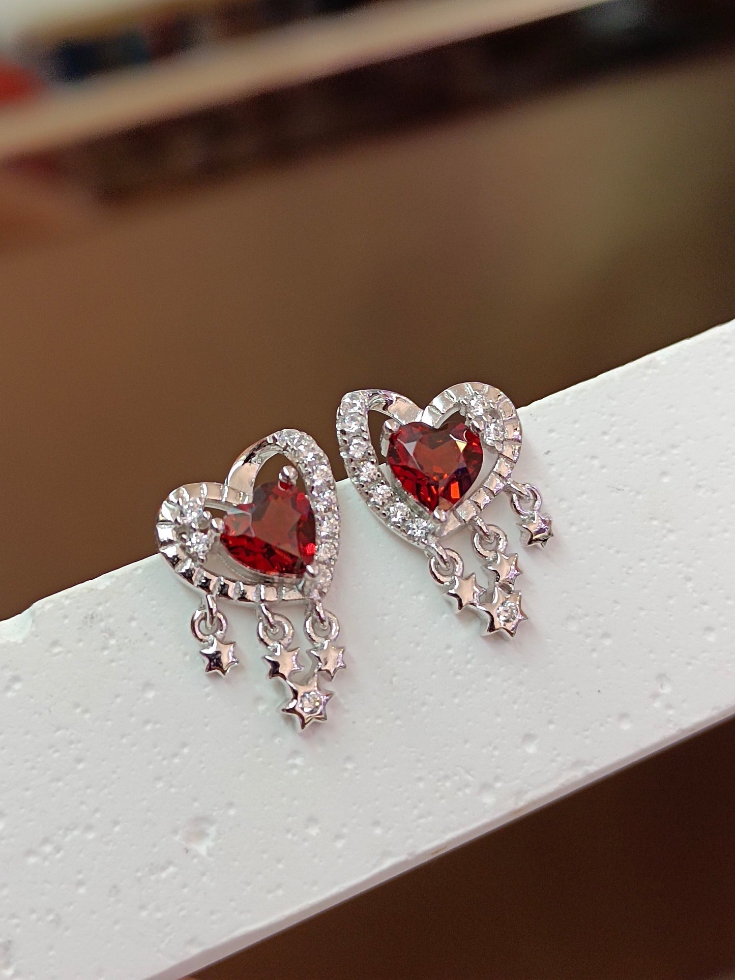 S925 Silver Delicate Garnet Embedded Heart & Star Tassel Earrings - Jewelry