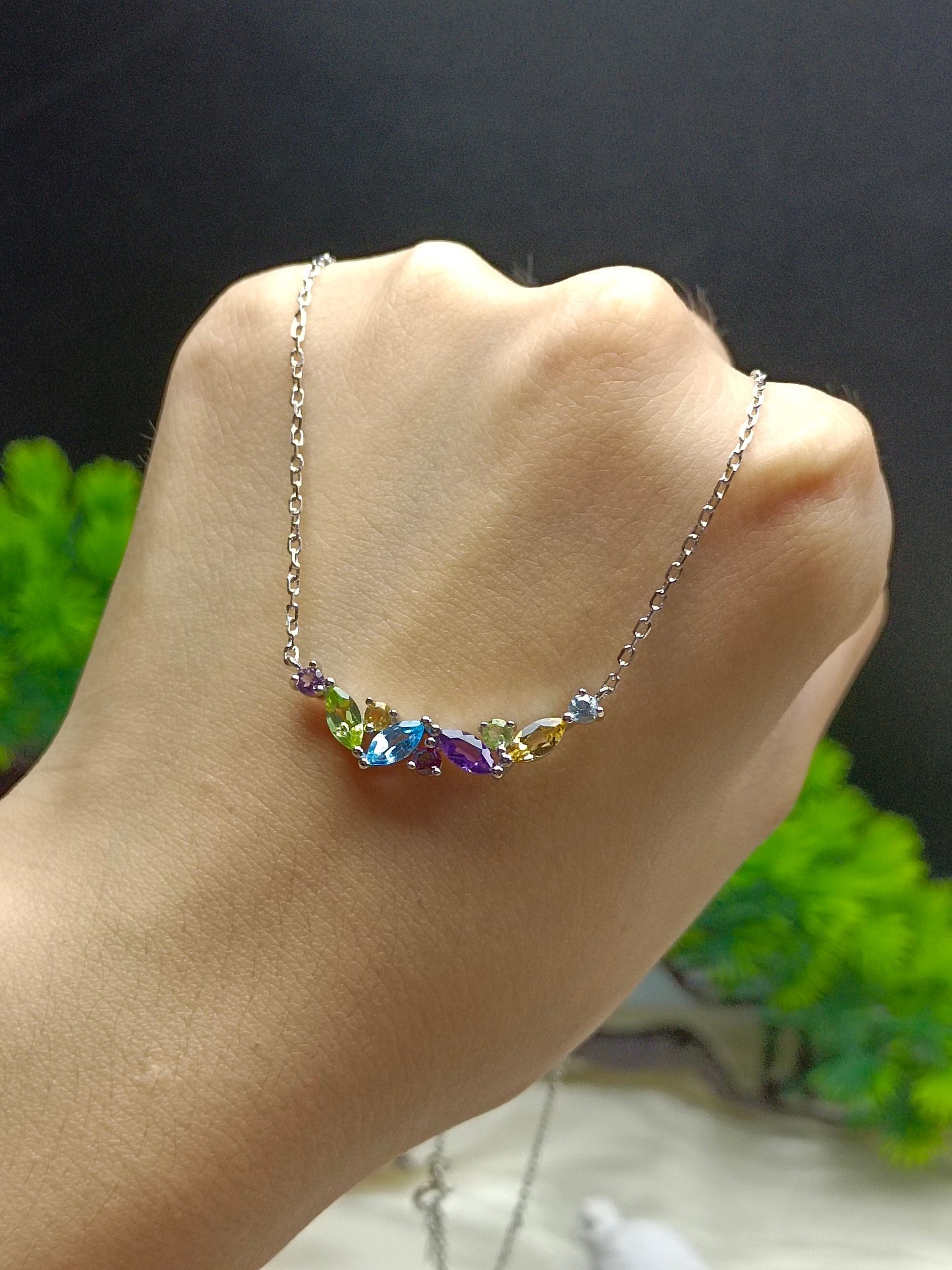 S925 Sterling Silver Rainbow Multi-Gemstone Necklace with 18K Gold Embedding - Exquisite Jewelry