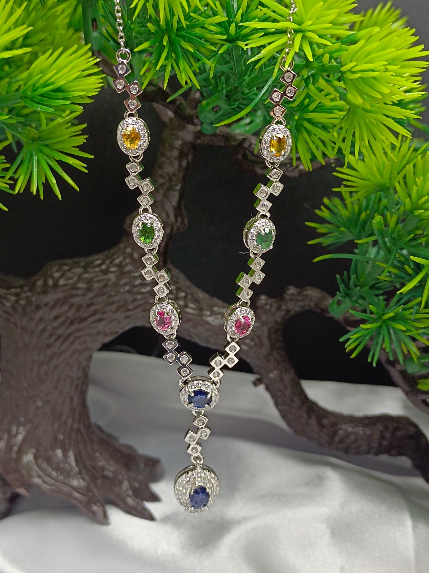 Luxurious S925 Silver Embedded Sapphire and Tourmaline Necklace Jewelry