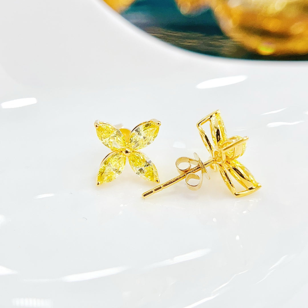 18K Yellow Gold Cultured Diamond Four-Leaf Marquise Earrings - LGED001-Y