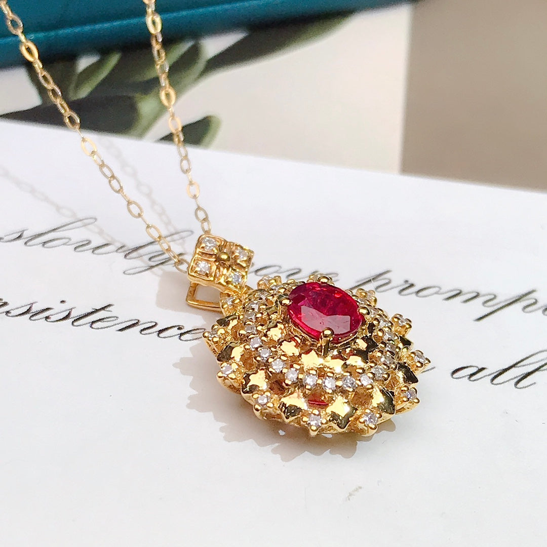 18K Gold Embedded Natural Ruby Pendant - Exquisite Jewelry