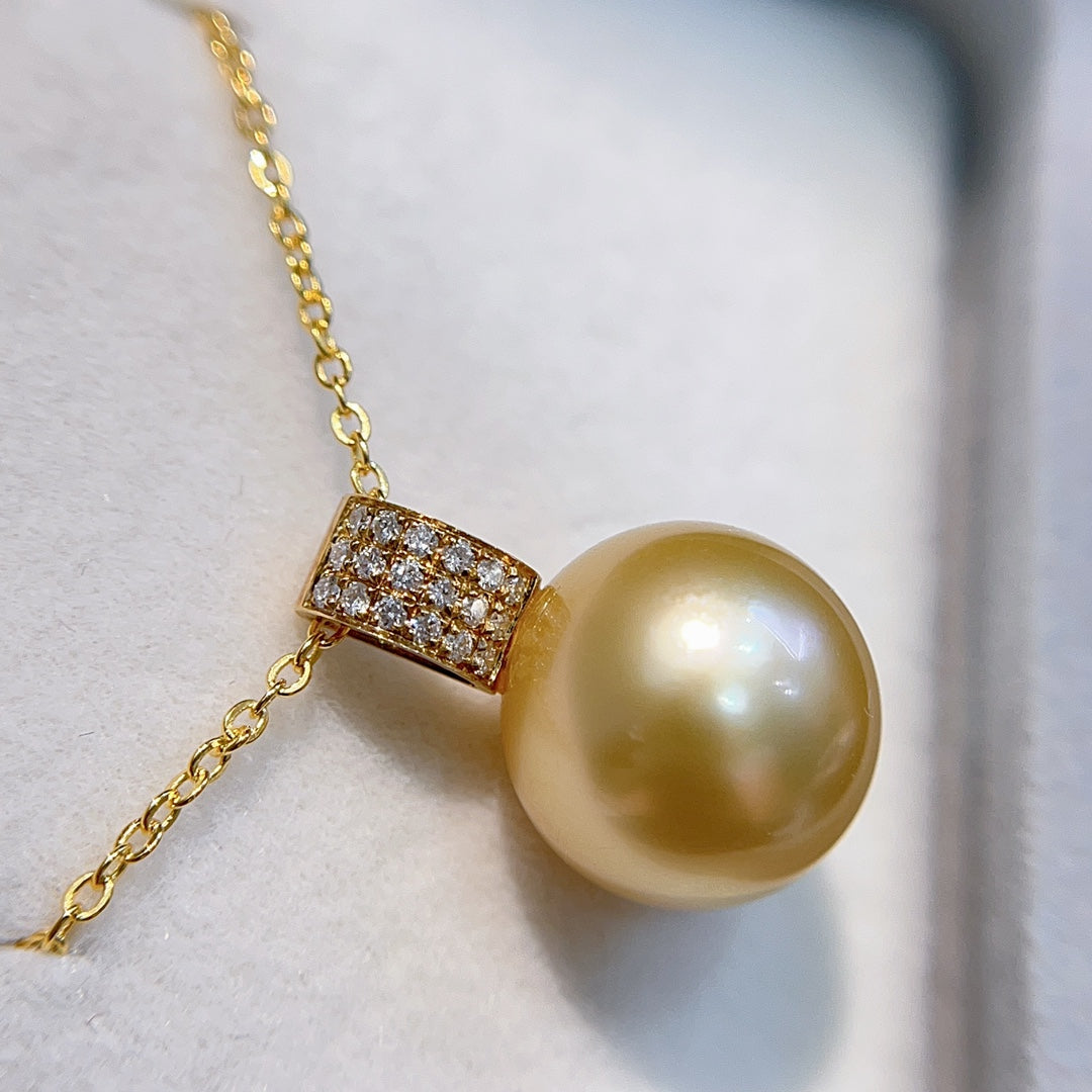 Luxury 18k Gold伴 Diamond 12.1mm Natural South Sea Golden Pearl Jewelry