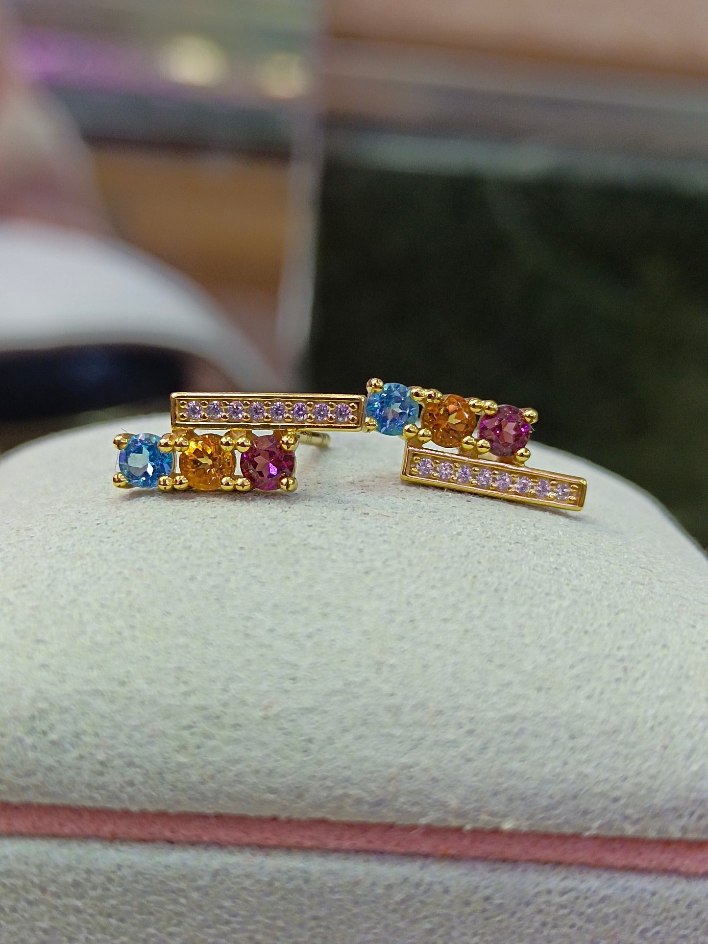 S925 Sterling Silver Delicate Gemstone Stud Earrings with Garnet, Citrine, and Topaz - Unique Korean Style Jewelry