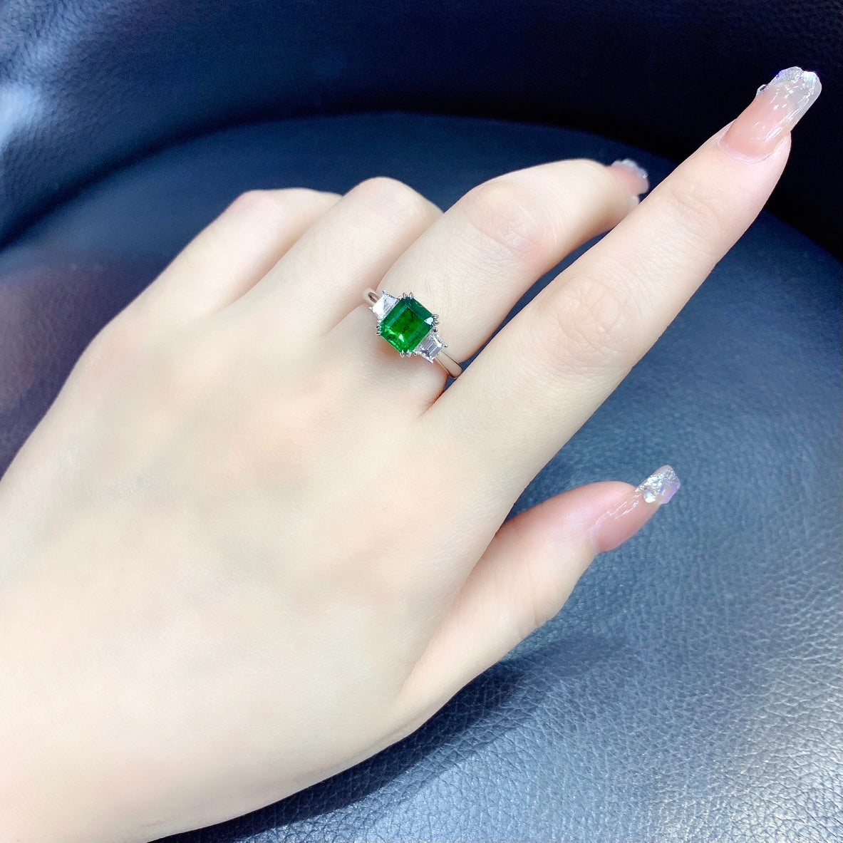 Elegant Three-Stone Vivid Green Emerald Ring - Fine Jewelry