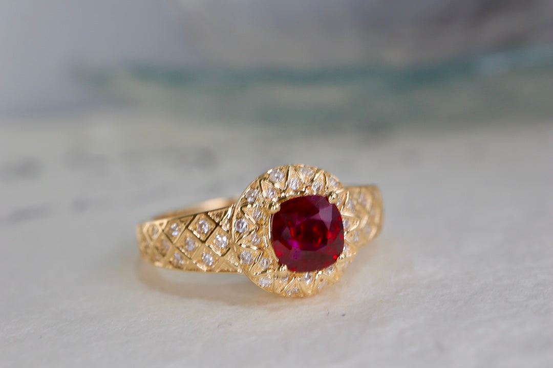 Pigeon Blood Red Ruby Ring with Full Diamond Pavé Setting - A Classical Charm