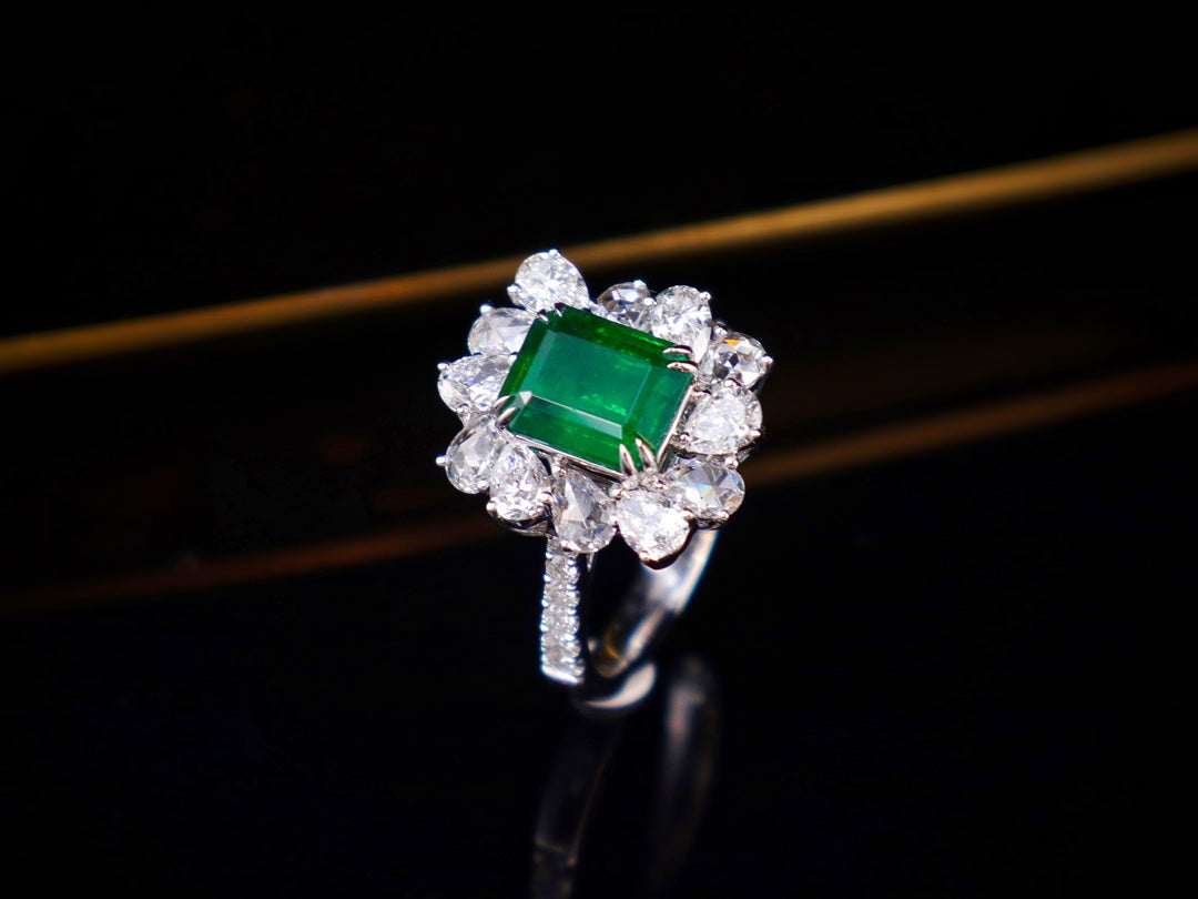 Emerald Jewelry - Verdant 1.95ct Watton Green Ring with Sparkling Rose-Cut Diamonds