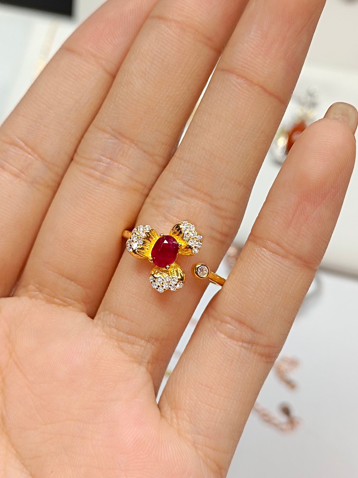 S925 Ruby Flower Adjustable Ring - Elegant Jewelry Piece