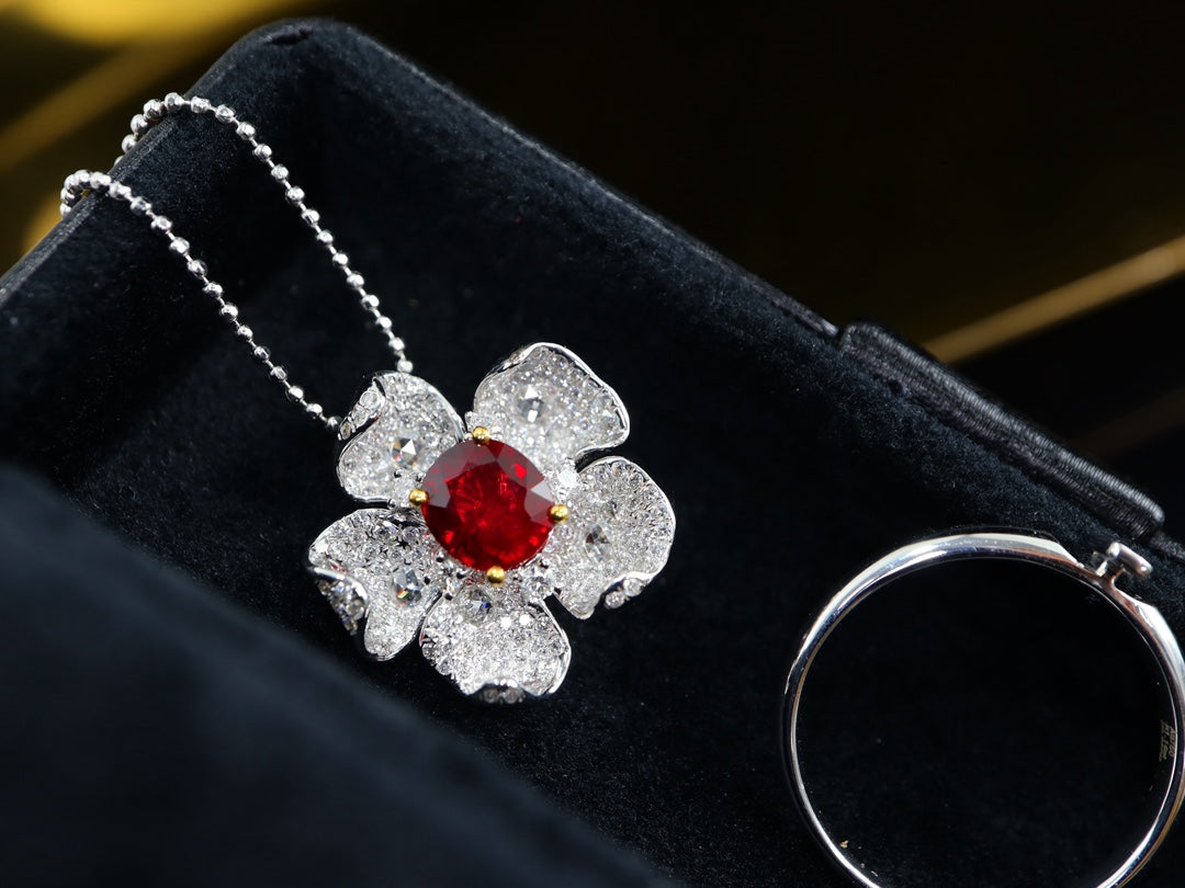 Pigeon's Blood Ruby Pendant/Ring Dual-Use Jewelry - Floral Design with Full Diamonds