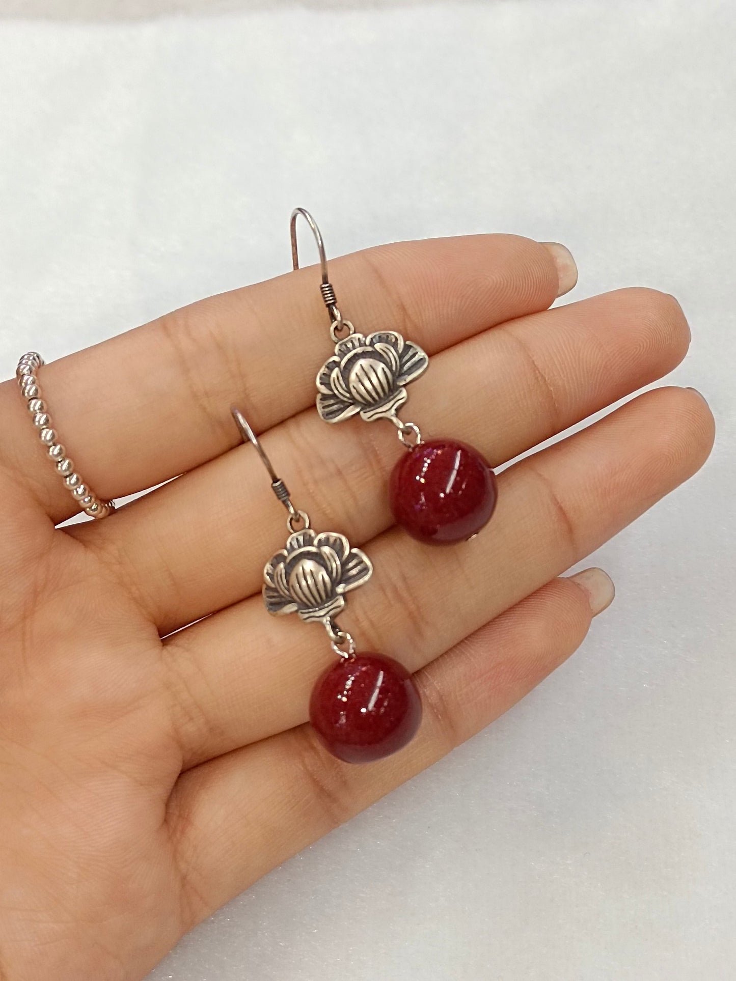 Elegant Vermilion Cinnabar S925 Silver Earrings - Minimalist Red Purple Gold Sand Bead Drops