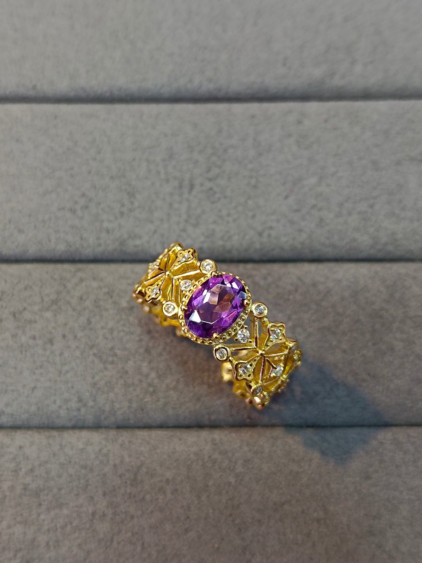 Cincin Perak S925 Sterling dengan Terbenam Amethyst Ungu & Teknik Emas 18K - Reka Bentuk Barang Kemas Unik