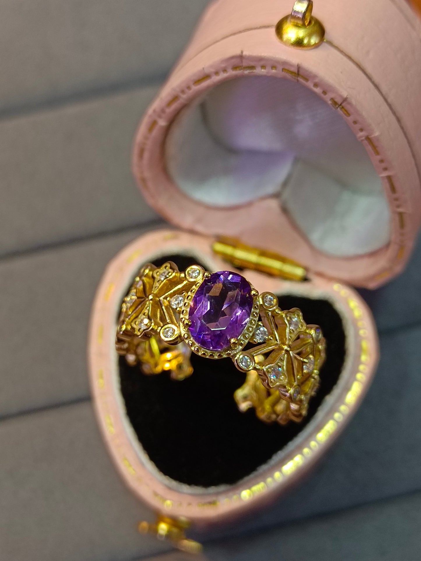 Cincin Perak S925 Sterling dengan Terbenam Amethyst Ungu & Teknik Emas 18K - Reka Bentuk Barang Kemas Unik