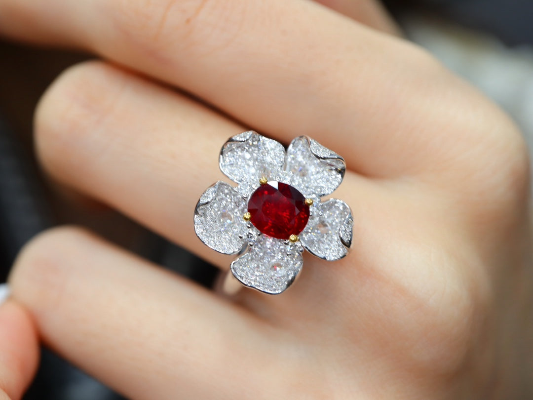 Pigeon's Blood Ruby Pendant/Ring Dual-Use Jewelry - Floral Design with Full Diamonds