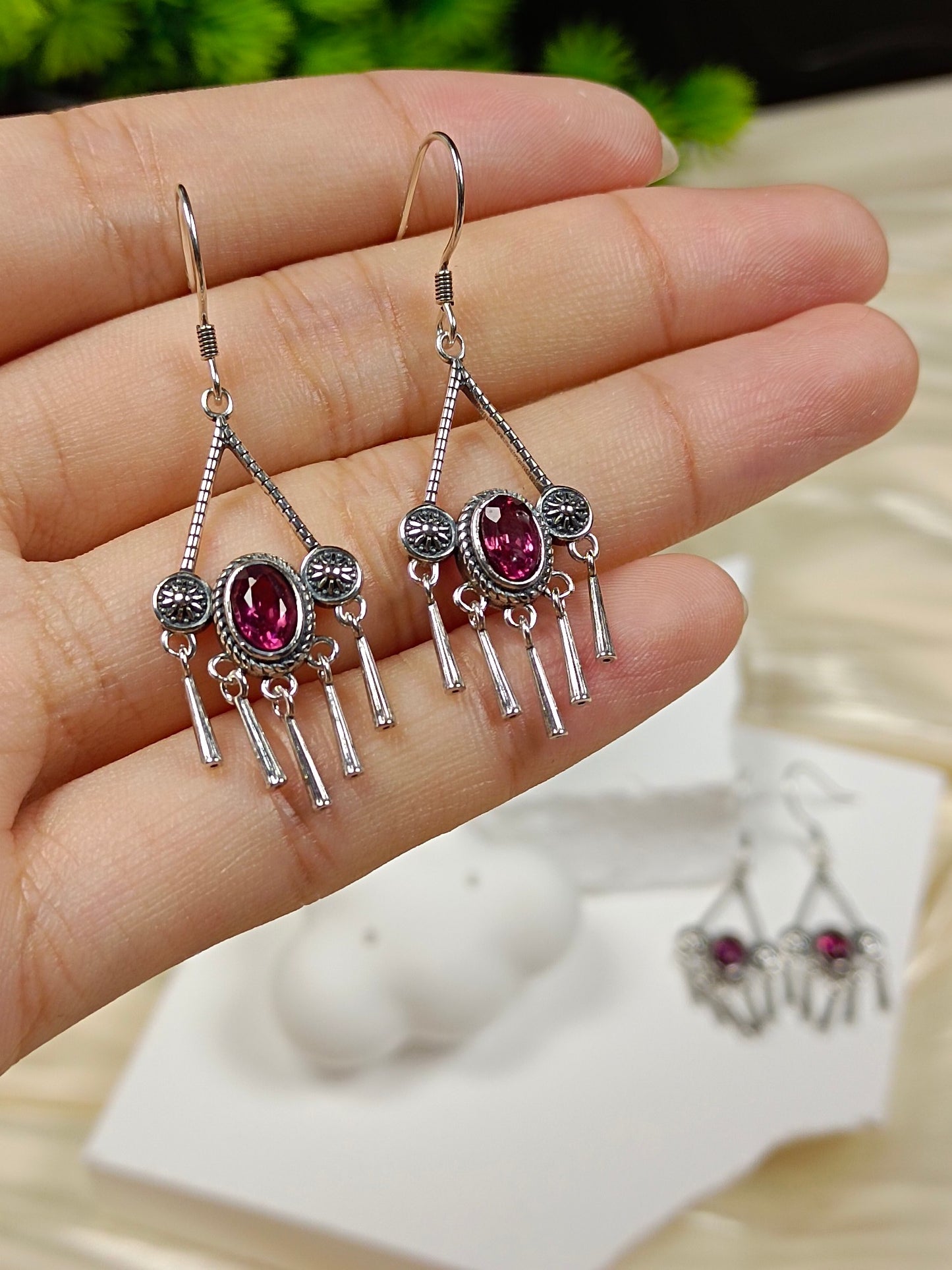 S925 Silver Embedded Purple Garnet Tassel Earrings with Vintage Charm