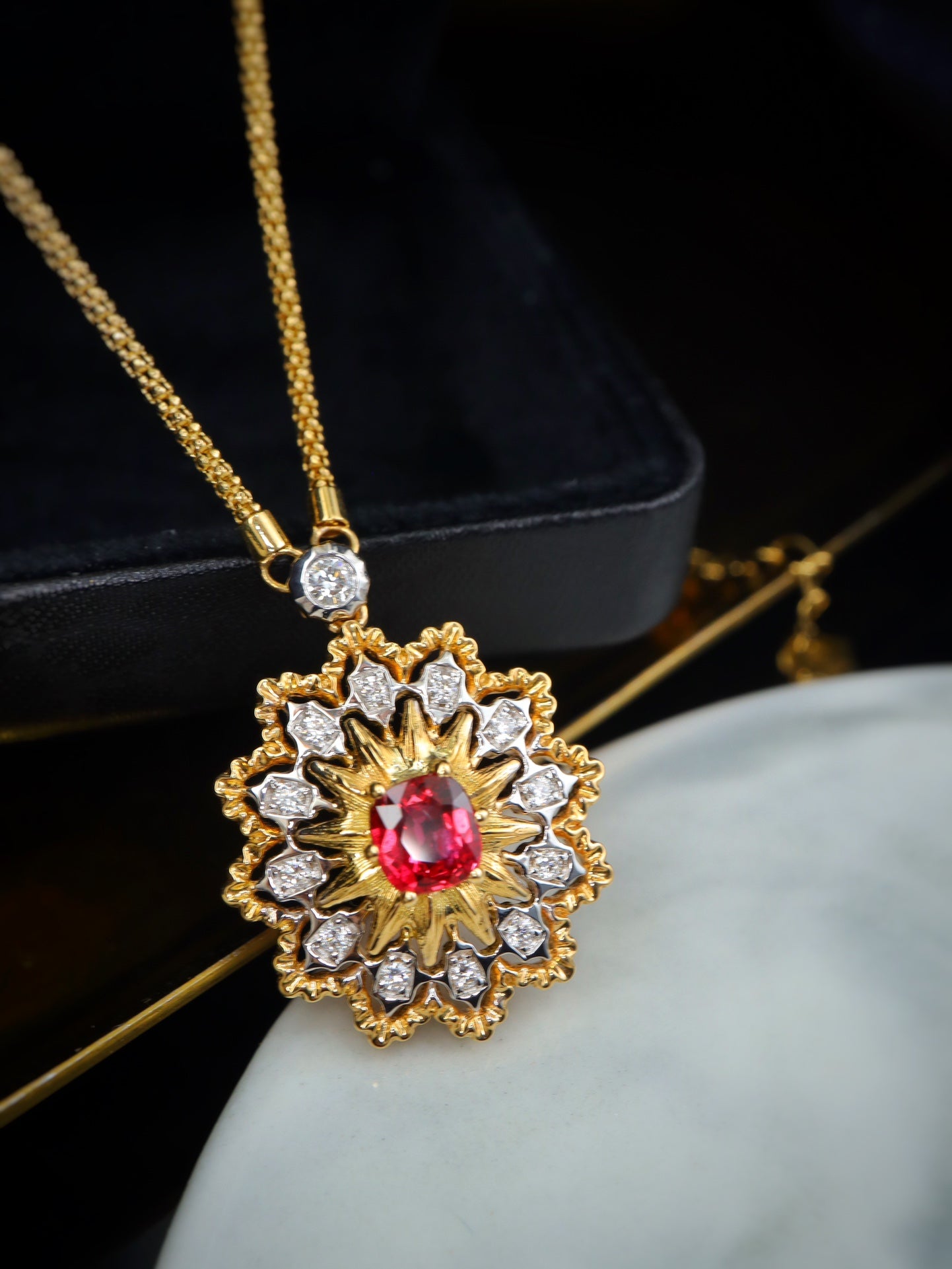 Italian Elegance Jewelry: Buccellati Classic Crafted Gold Necklace with Pigeon's Blood Red Gem