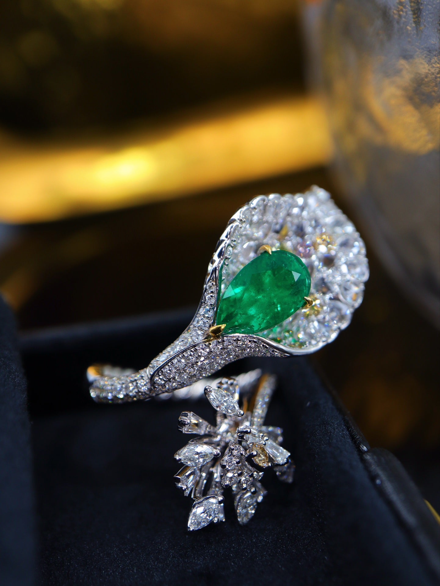 Emerald and Diamond Ring with Lotus Petal Design - Fine Jewelry