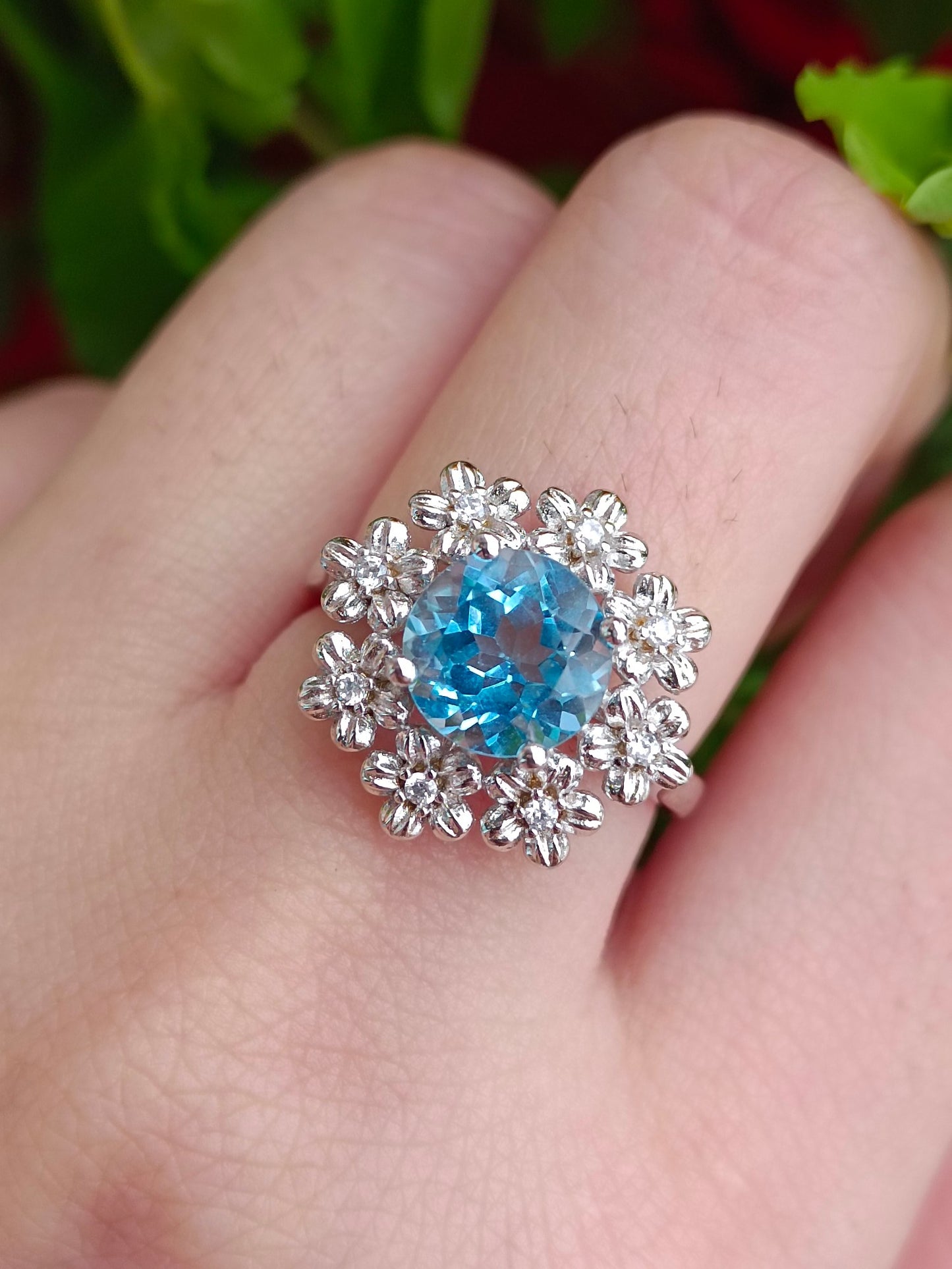 Cincin Bunga Kaya Topaz Asli yang Indah - Sekeping Barang Kemas Unik