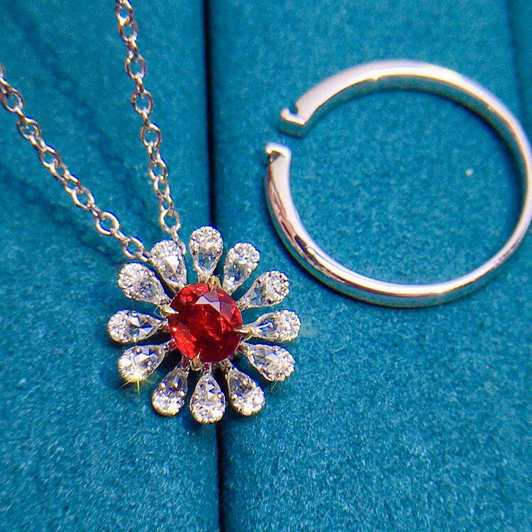 Elegant Petal-Shaped Ruby and Diamond Two-Way Wear Jewelry