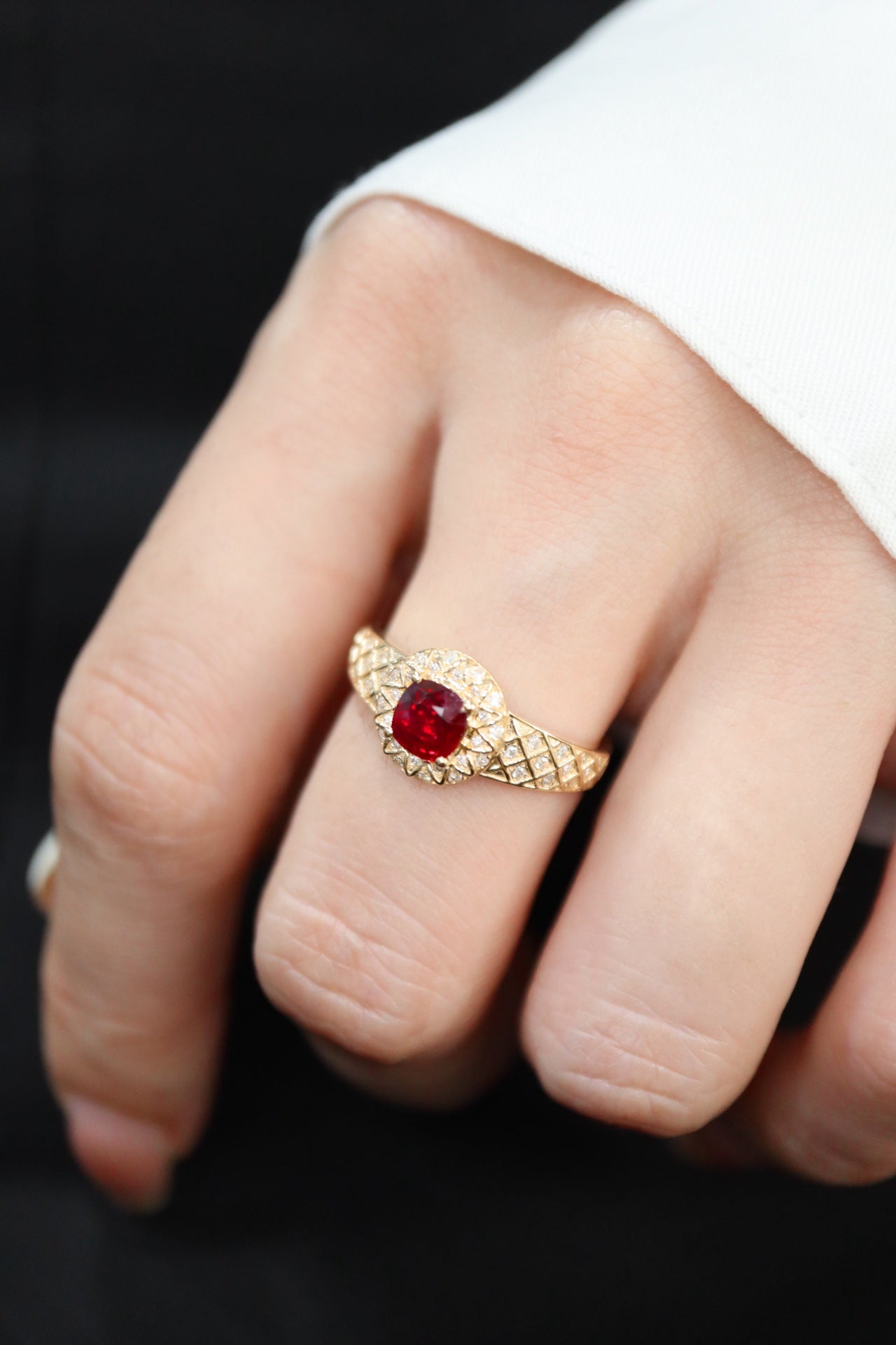 Pigeon Blood Red Ruby Ring with Full Diamond Pavé Setting - A Classical Charm