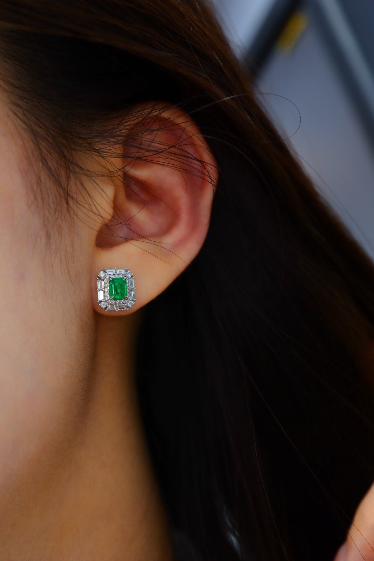 Panjshir Emerald Stud Earrings with Diamond Halo - Classic and Versatile Jewelry