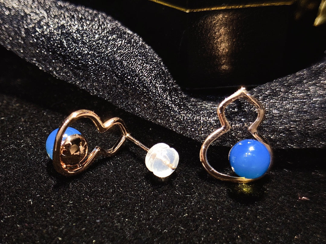 New Arrival! 18K Gold Embedded Dominican Blue Amber Earrings with Gourd Shaped Design - Exclusive Jewelry