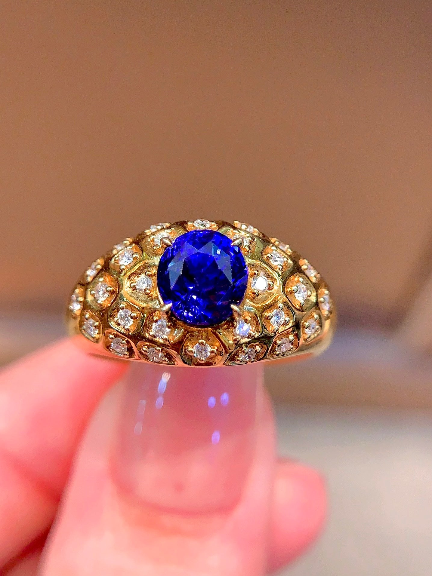 Vintage Style Wide Band Royal Blue Sapphire Ring with 18K Gold and Diamonds - Luxury Jewelry