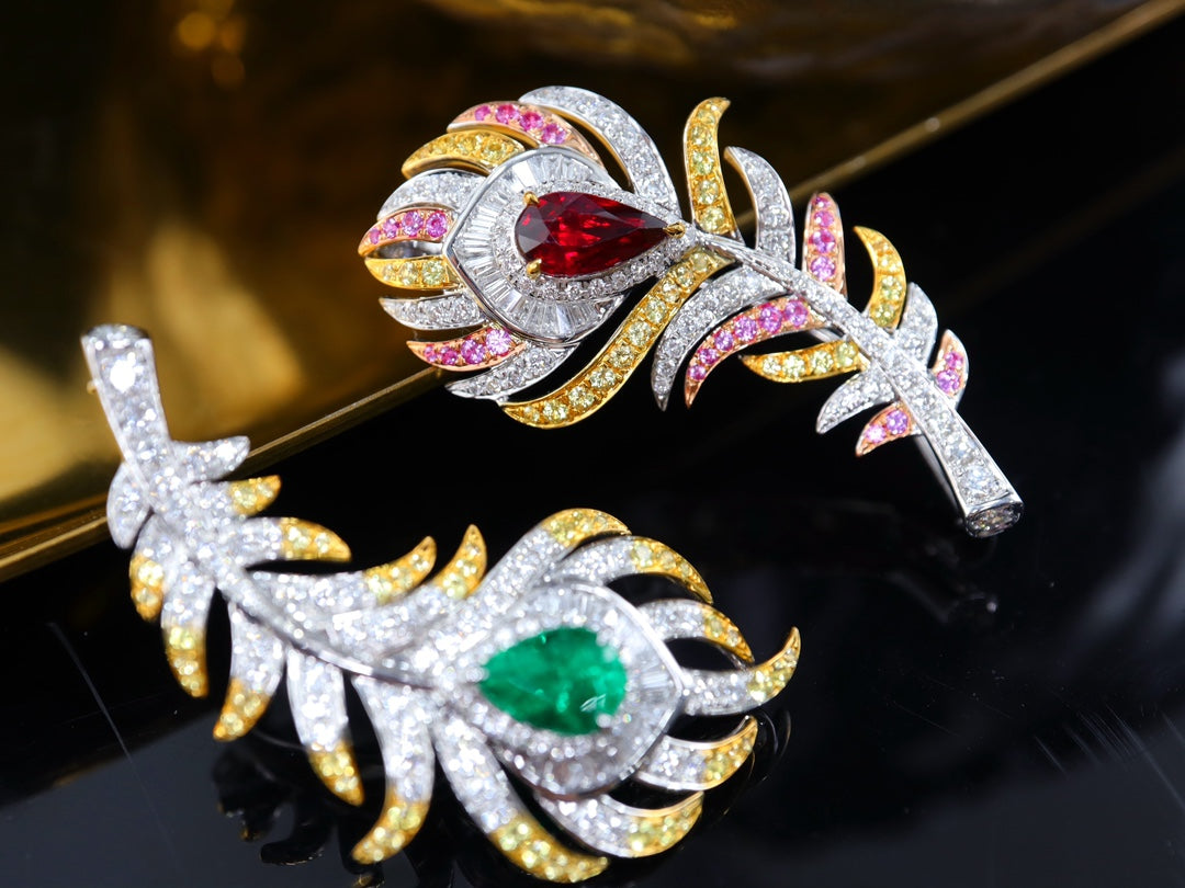 Ruby Feather High-End Brooch/Pendant Two-in-One Design Jewelry