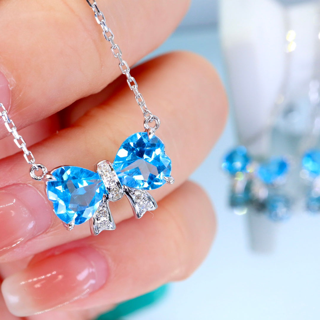 Exquisite Heart-Shaped Bowknot Jewelry with Swiss Blue Topaz and Diamonds