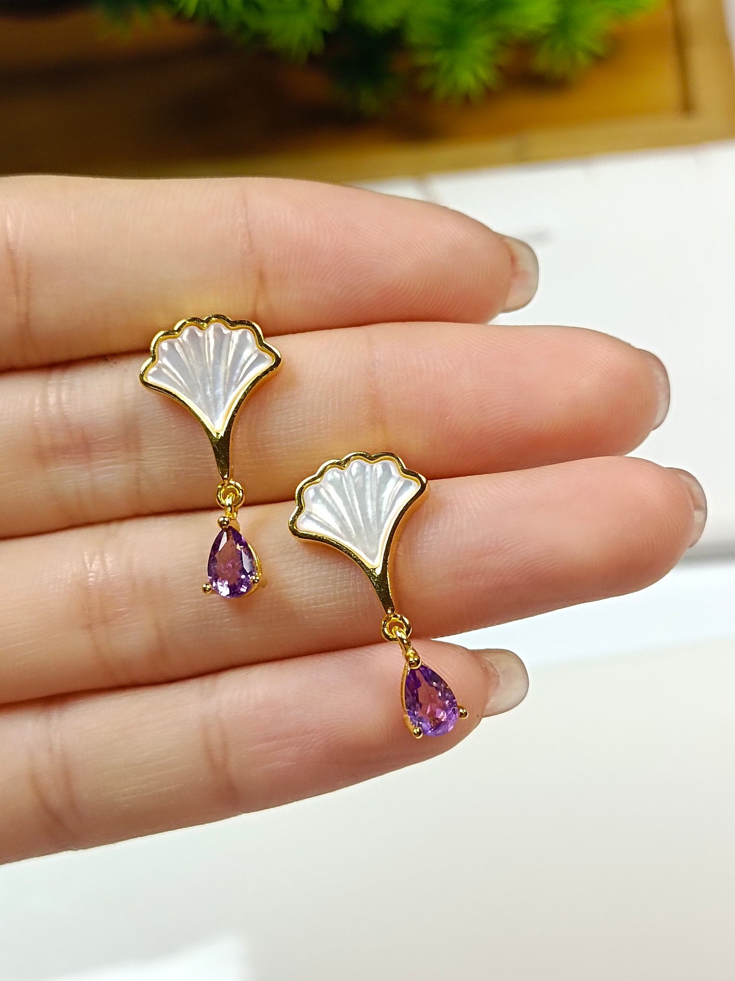 S925 Silver Embedded White Shell Amethyst Earrings - Summer Light Luxury Elegant Jewelry