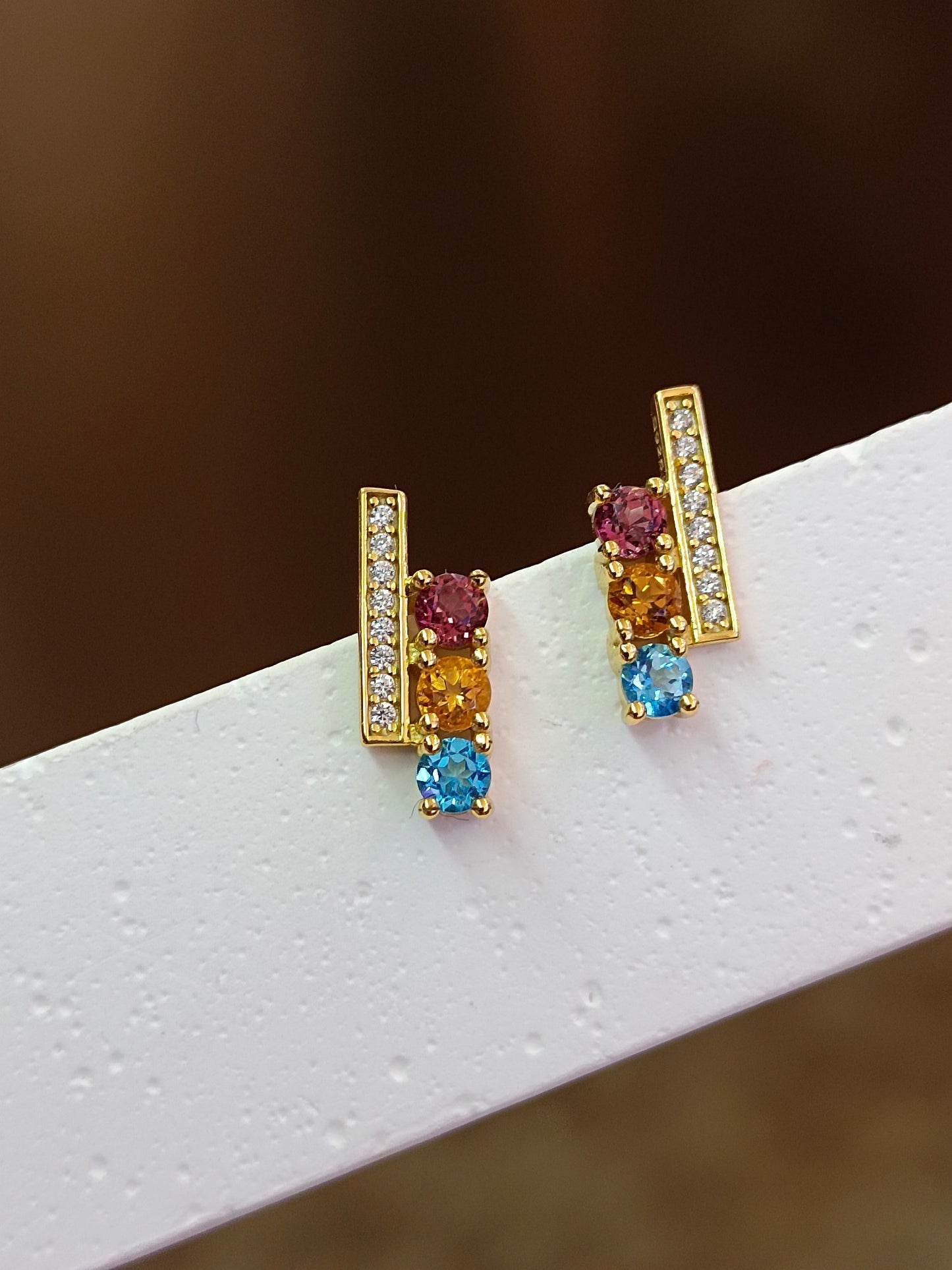 S925 Sterling Silver Delicate Gemstone Stud Earrings with Garnet, Citrine, and Topaz - Unique Korean Style Jewelry