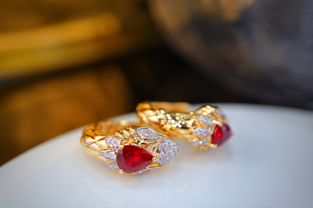 Unique Serpent-Inspired Pigeon Blood Red Ruby Earrings - Luxurious Jewelry Piece