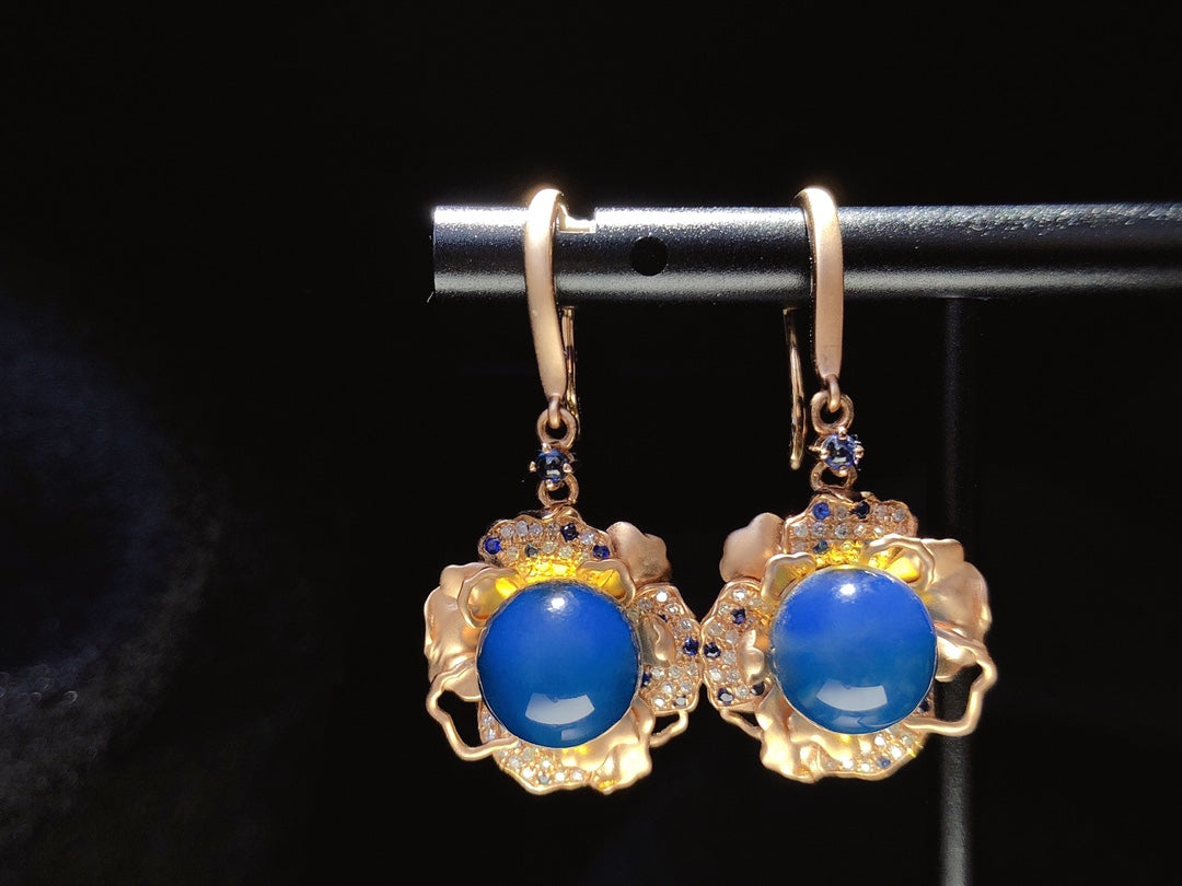 Elegance Unfading Beauty: 18K Gold Embedded Dominican Blue Amber Earrings Jewelry